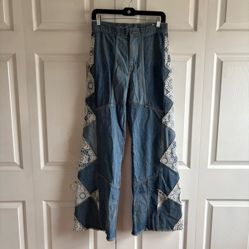 Free People In My‎ Element Kaleidoscope Blue Patchwork Wide-Leg Jeans Lace 26 - Picture 3 of 11
